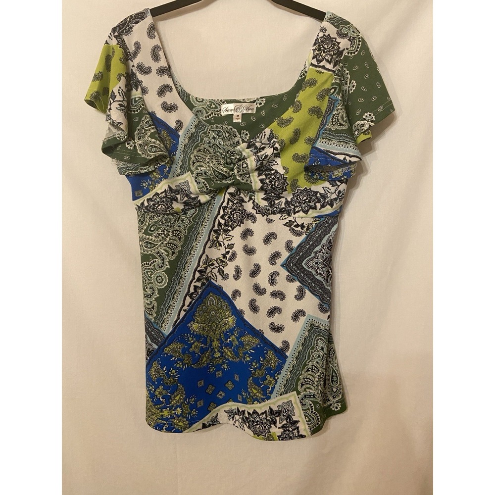 Women's Paisley Floral Green Teal Sz M Top Boho Patchwork Flutter Sleeves